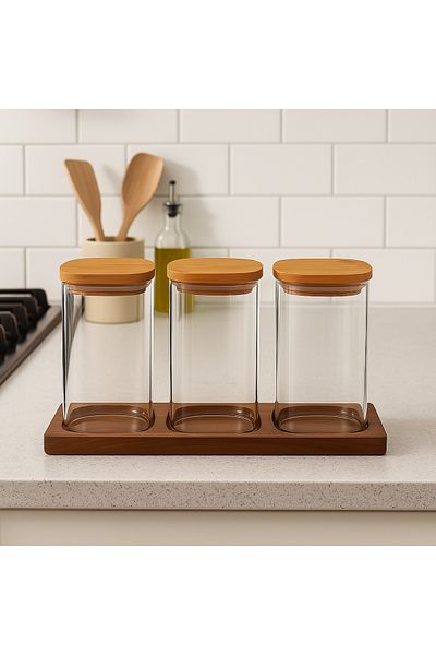 Frilly 3-Piece Wooden Beech Wood Stand with Lid Acrylic Sugar Bowl Snack Spice Rack Coffee Bowl Salt Bowl Storage Container