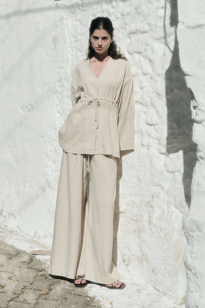 Hooopstore Natural Kimono Trousers Set with Front Tie Detail