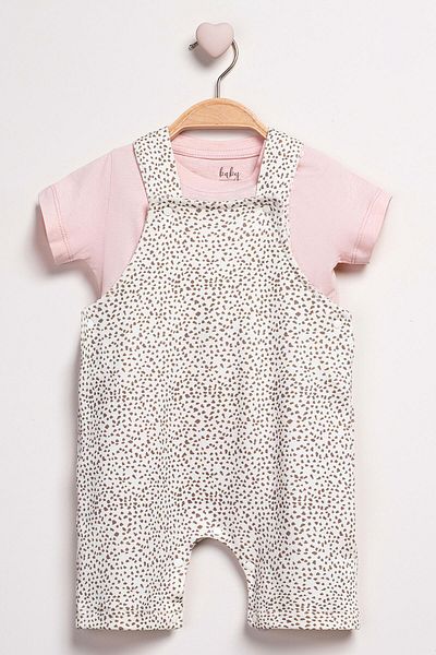 Mini Ropa Salopet T-Shirt Set Leopard Patterned Baby Girl Salopet and T-Shirt