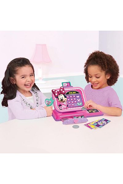 JustPlay Disney Junior Minnie Mouse Bowtique Cash Register – Sounds, Scanner, Play Money, Ages 3+