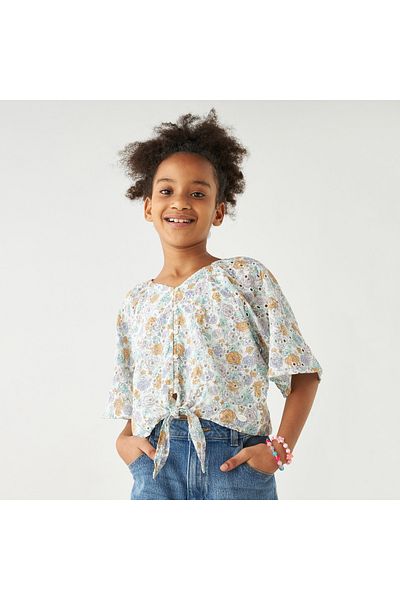 ELIGO All-Over Floral Print Schiffli Detail Top With V-Neck And Tie-Up Detail