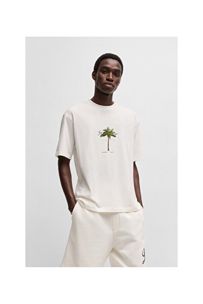 HUGO Palmiye agaci baskili pamuklu jarse tisört