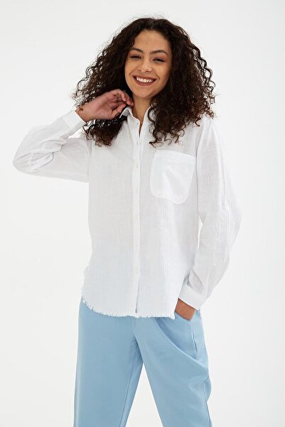 Nazen Giyim White Women's Shirt with Long Sleeve Pocket 0390-2Y5