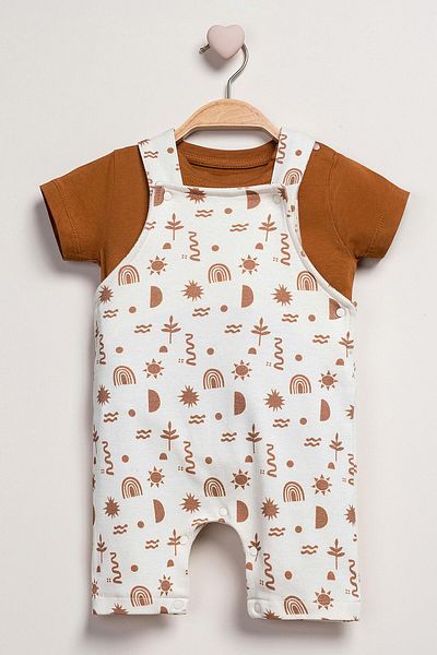 Mini Ropa Baby Salopet T-Shirt Set Patterned Summer Beige Salopet Set