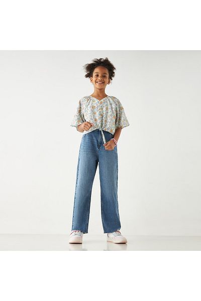 ELIGO All-Over Floral Print Schiffli Detail Top With V-Neck And Tie-Up Detail