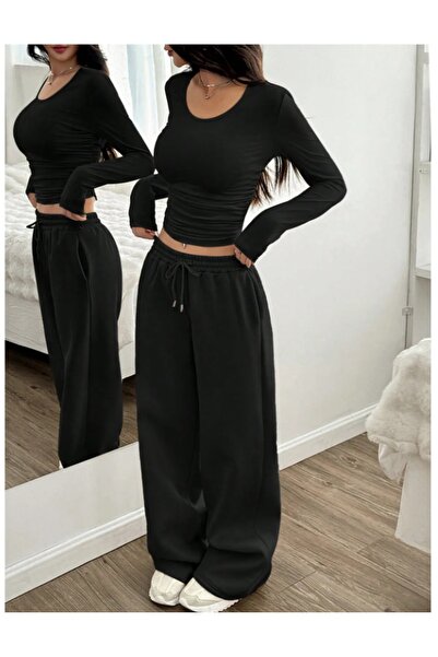 FATSANY Women's Black Loose Straight Leg Tracking Pants # Sweatshirt