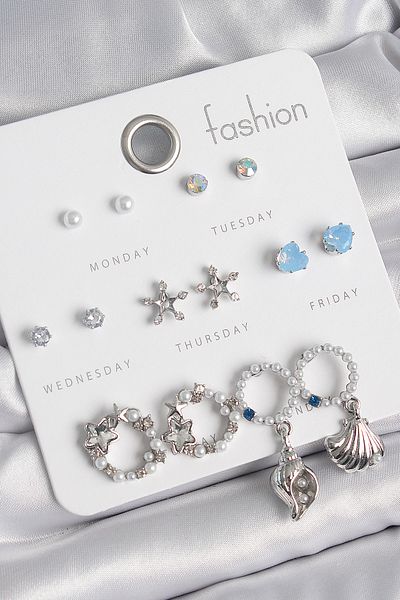 Skygo Brass Silver Color Inci Zircon Stone Hoop Figure Star Detail 7 Pairs Women Earrings Set - Tj-Bkp10547