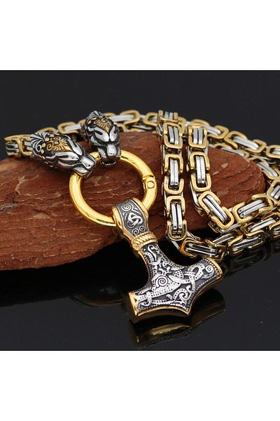 Viking Dragon Dragon Head Norse Motif Thor Mjollnir & King Chain 316L Steel Pendant