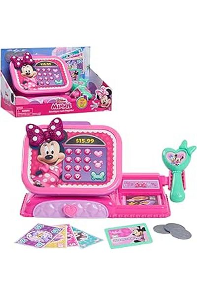 JustPlay Disney Junior Minnie Mouse Bowtique Cash Register – Sounds, Scanner, Play Money, Ages 3+