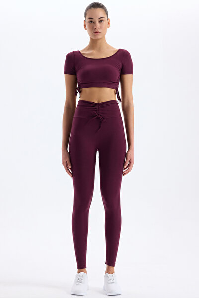 COMEUP Leggings subțiri cu detaliu de șnur pentru curea din plasă Prun