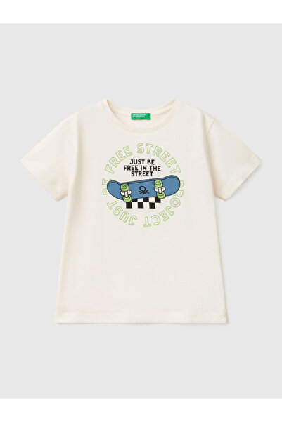 Benetton Boy's Ecru Printed Tshirt 1-6 Years
