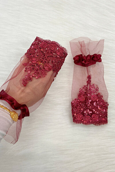 ZEYMERADE قفازات الزفاف باللون العنابي المتلألئ المتلألئ قفازات الحناء ليلة ا...