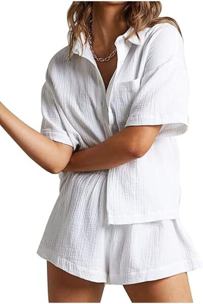 LADY HAZAL White Organic Muslin Linen Shorts Bottom Top Set Pocket Detailed Short Sleeve Shirt Set