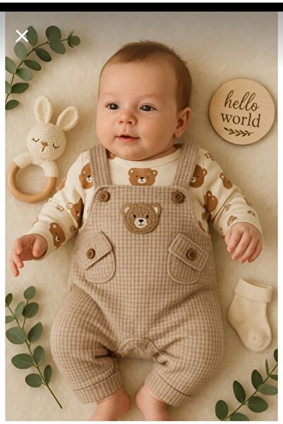 Uğur bebe Ayı desenli Erkek Bebek Tulum 3 lü Tulum seti (Zıbın Tulum çorap) 3...