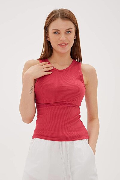 Nazen Giyim Sleeveless Zero Collar Coral Women's Crop 0479-2Y5