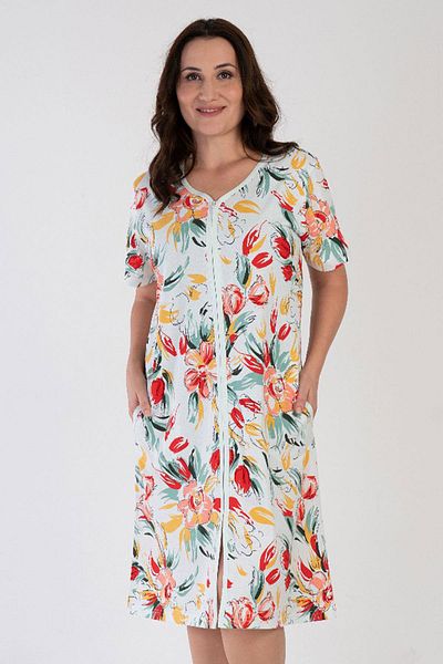 VİENETTA Women's Large Size Short Sleeve Zippered 100% Cotton Green Home Dress C8T1N0O013