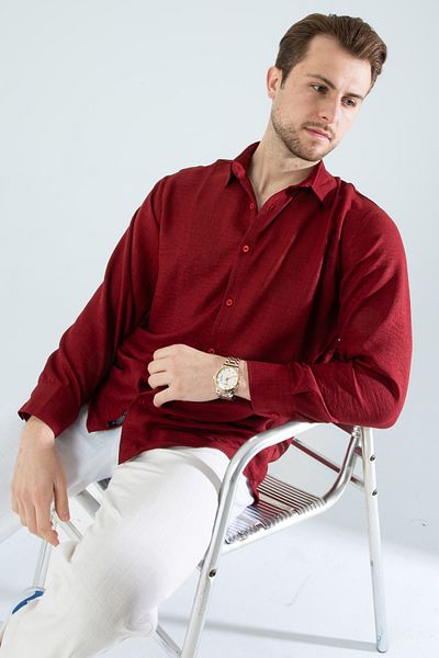 YXC Trend Maker Seasonal Linen Textured Long Sleeve Oversize Men's Wide Fit Shirt (the Product Is Wide Cut)