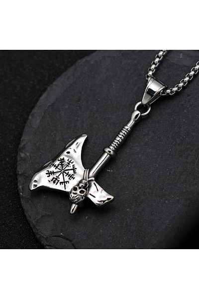 Viking Skull of Compass Detailed Nordic Mythology Axe 316L Steel Men's Necklace
