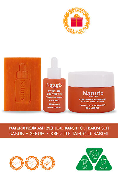 Naturix Kojik Asitli 3'lü Leke Karşıtı Cilt Bakım Seti | Sabun 100 gr + Serum...