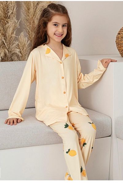 SANTRALBEBE Girl's Soft Front Buttoned Shirt Model Pajama Set