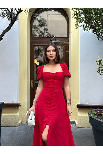 Stil Sepeti Rochie midi roșie pentru femei, cu guler inimă, mâneci balon, cu detaliu de nasturi ELY-10001655
