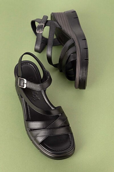 Gondol Kadın Hakiki Deri Platform Topuklu Rahat Günlük Sandalet Tlh.1055 Siyah