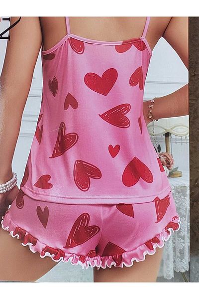 NiLi Hanging Full Length Shorts Ruffled Pink Heart Women's Pajama Set