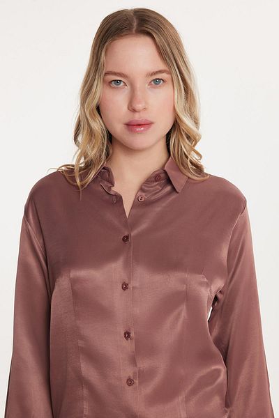 Tudors Cămașă de damă, slim fit, cu mânecă lungă, cu guler clasic, din satin Dusty Rose