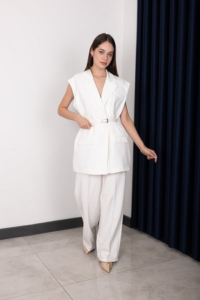 Stil Sepeti Women White Premium Double Breasted Lapel Lined Belted Long Blazer Vest Pants Suit Drl-10007855710