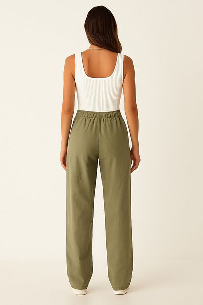 Firststops Women's Light Khaki Linen Pants – High Waist, Lace-Up, Comfortable Loose Fit, Casual Stylish Choice