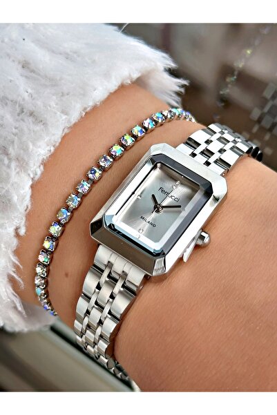 Ferrucci FERRUCCİ KESME CAMLI KARE GÜMÜŞ METAL KADIN KOL SAATİ