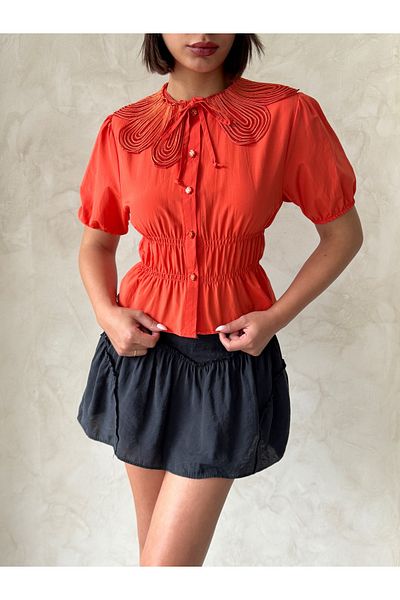 Miss Allos Women's Large Collar Shirt with Shirred Waist and Elasticized Sleeve End