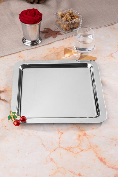 NEWTREND Züccaciye 1 Piece Luxury Cherry Silver Square Accessory Stainless Steel Coffee, Tea, Decorative Presentation Serving Tray