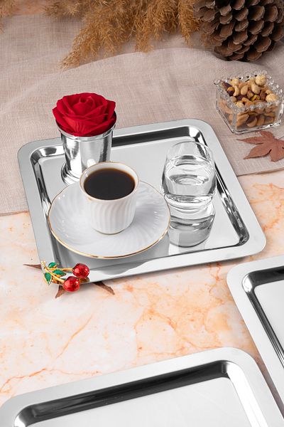 NEWTREND Züccaciye 3-Piece Luxury Cherry Silver Square Accessories Stainless Steel Coffee, Tea, Decorative Presentation Serving Tray