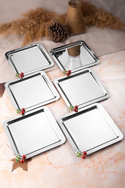 NEWTREND Züccaciye 6-Piece Luxury Cherry Silver Square Accessories Stainless Steel Coffee, Tea, Decorative Presentation Serving Tray