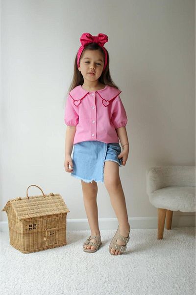 tunays shopping Denim Skirt Collar Heart Detailed Shirt Set