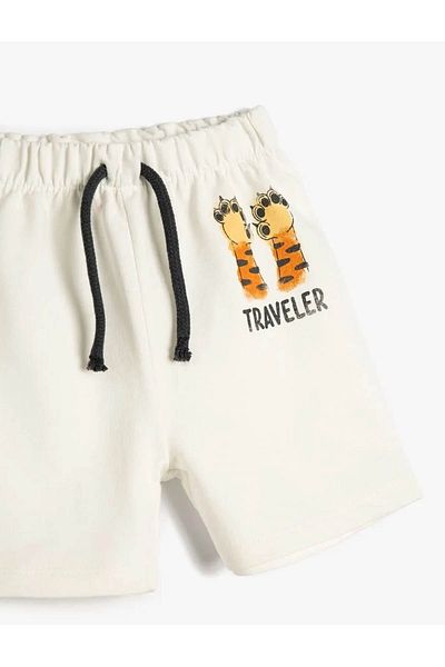 Koton Tiger Print Detailed Lace-Up Cotton Ecru Baby Boy Shorts 5Smb40033Tk