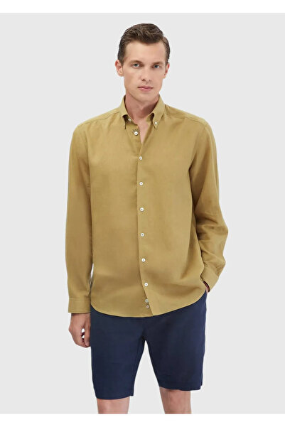 Ramsey Oil Green Plain Casual Fit Woven Casual Cotton Blend Shirt