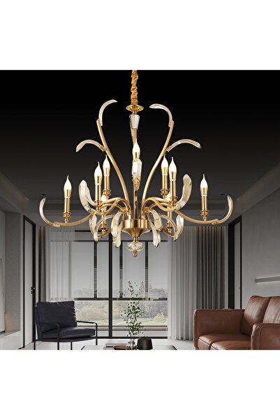 Apliqa Ronja 9'lu Bakır Eskitme Kristal Taşlı Avangart Salon Avize