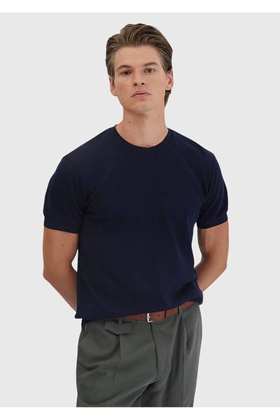 Ramsey Μπλουζάκι Navy Blue Jacquard Crew Neck 100% βαμβακερό