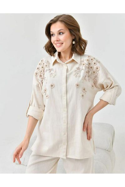 MVStore Women's Floral Patterned Embroidery Embroidered Stone Detailed Linen Oversize Shirt and Trousers