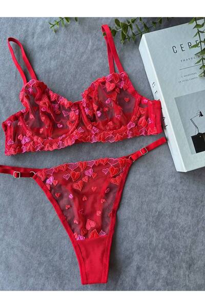 La Linaa Love Red Heart Patterned Thong Panty Bra Set