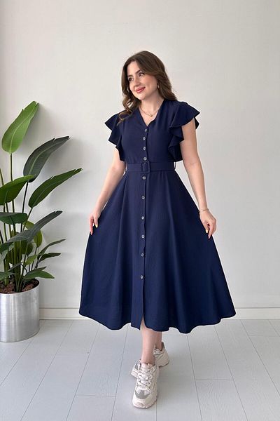 MaziButik Rochie texturată cu mâneci cu volan, bleumarin