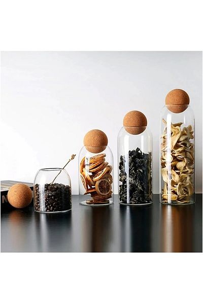 Qerhome Set of 4 Flat Balls - Glass Jars and Spices with Cork Lids