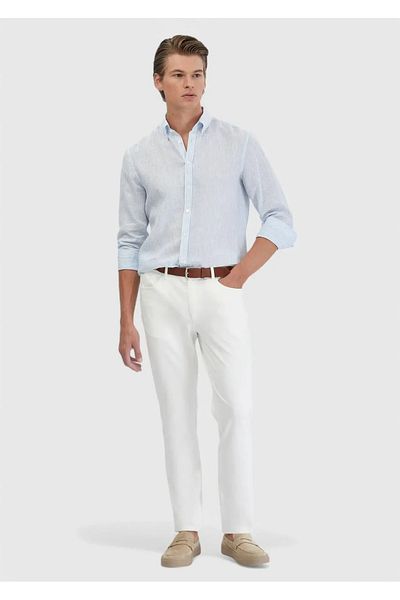 Ramsey Μπλε ριγέ Casual Fit Woven Casual 100% λινό πουκάμισο
