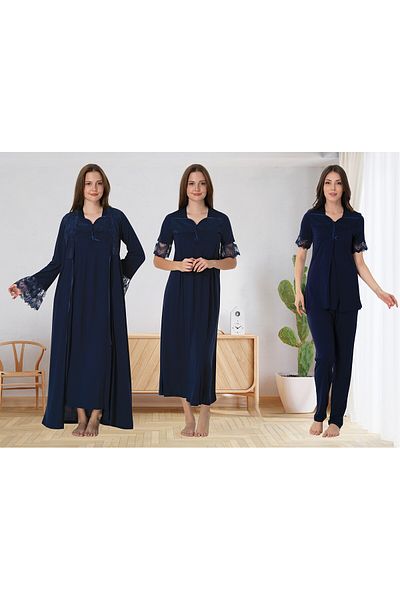 LOHOUSE Navy Blue Special Lace Cotton Maternity Nightgown-Morning Gowns and Pajamas Set 4-Piece Set