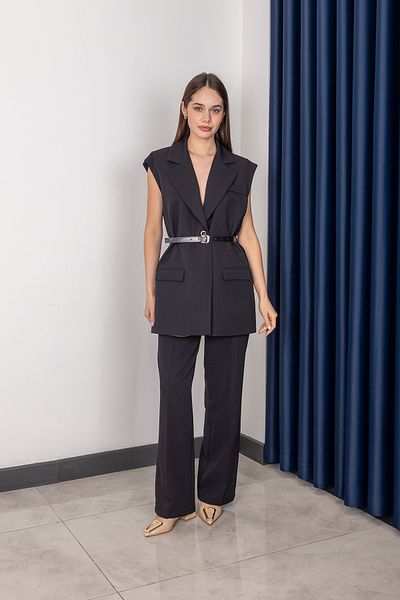 Stil Sepeti Women Black Premium Double Breasted Lapel Lined Belted Long Blazer Vest Pants Suit Drl-10007855710