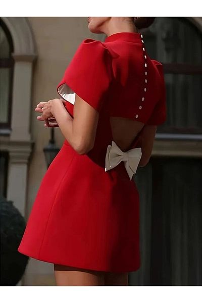 Monapera Back Butterfly Low-Cut Bow Detail Design Short Sleeve Mini Dress