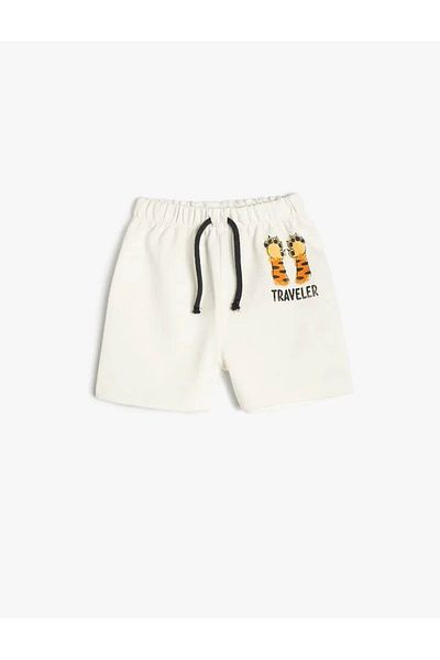 Koton Tiger Print Detailed Lace-Up Cotton Ecru Baby Boy Shorts 5Smb40033Tk