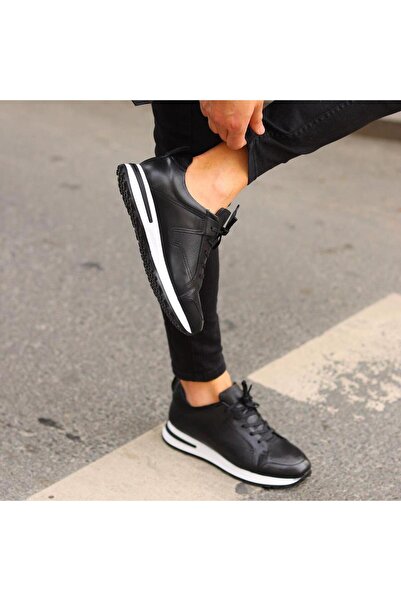 SailLakers - Μαύρα δερμάτινα ανδρικά παπούτσια casual με κορδόνια 101-9005-H1255